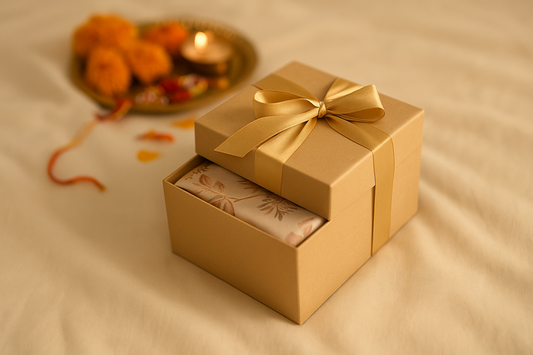 Waraq gift box with satin scarf placed on soft ivory fabric, with Rakhi thali and marigolds in the background—perfect Rakshabandhan gift for sister.