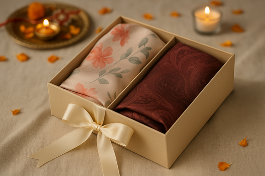 Paired scarves for Bhaiya and Bhabhi in a Waraq gift box with Rakhi elements