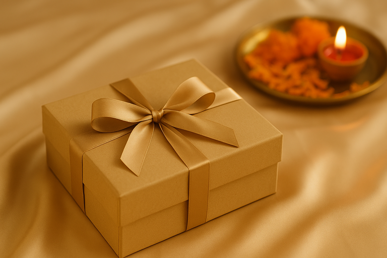 Sand-colored Waraq gift box tied with an elegant ribbon, placed on beige silk fabric with blurred Rakhi thali, marigold petals, and candlelight in the background — luxurious Rakhi gifting banner.