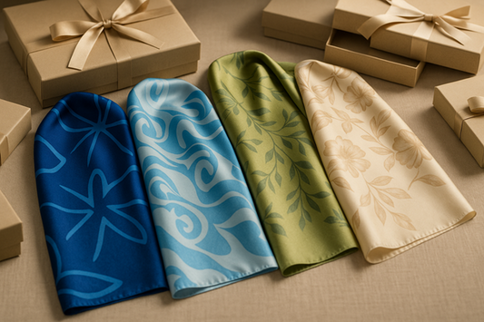 Printed satin navy blue and burgundy scarves with delicate patterns and fringed edges, representing timeless elegance and romance for a Rakhi gift