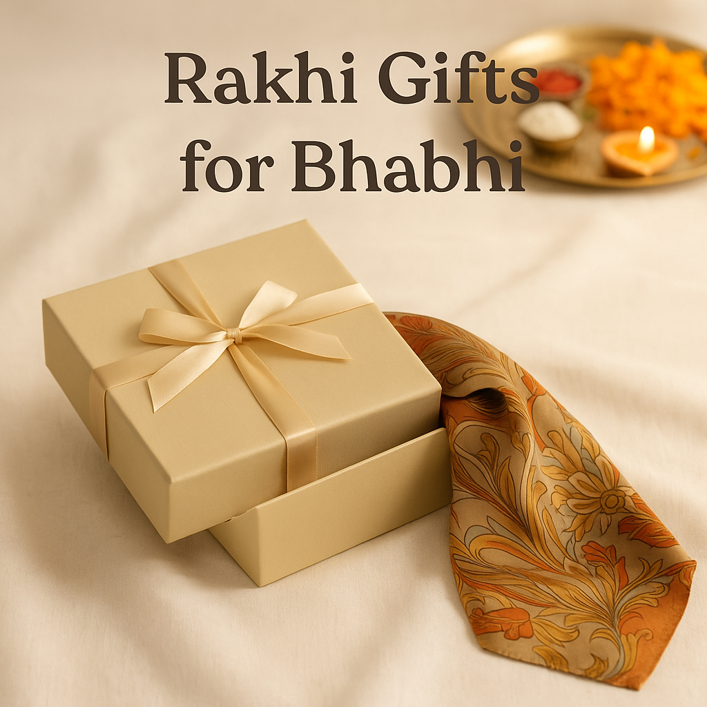 Elegant sand-colored Waraq gift box with scarf and Rakhi thali in soft golden light