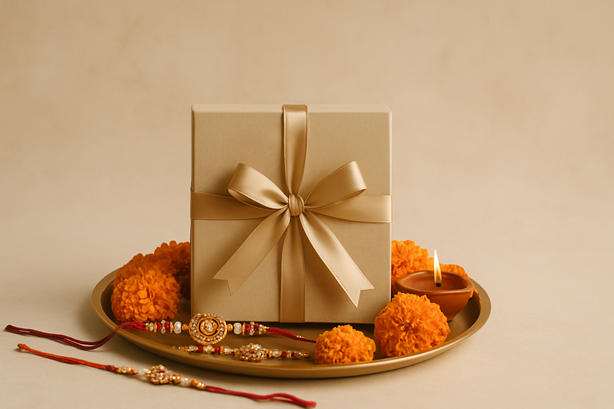 Sand-colored gift box with an elegant ribbon placed on a festive Rakhi thali setup, surrounded by marigold flowers, Rakhis, and candlelight, captured in soft natural lighting with a neutral beige background.