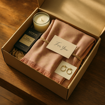 Gift hamper for girlfriend – scarf with chocolates, candle, and jewelry in open gift box.