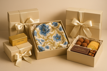 Elegant Rakhi gift hampers featuring gourmet chocolates, fine teas, a printed satin scarf, and artisanal treats, presented in soft, neutral packaging with elegant ribbons.