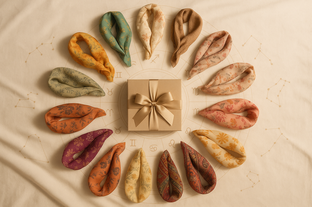 Waraq gift box surrounded by 12 scarf prints arranged in a zodiac wheel—each representing a Rakhi gift for married sister by sun sign.