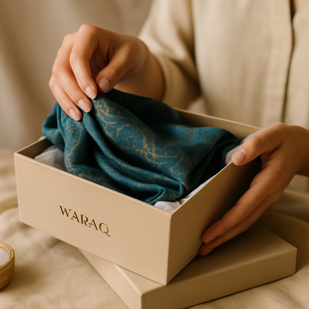 Sand-colored gift box tied with ribbon, placed on soft fabric with blurred Rakhi, marigold petals, and candle in the background — elegant return gifts banner.