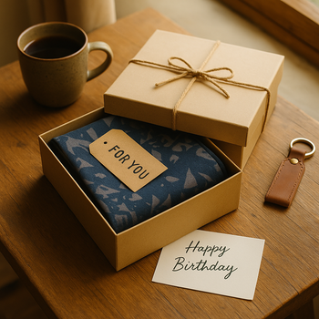 Useful birthday gift for male friend – printed navy scarf in gift box with note, keychain, and coffee on wooden table.