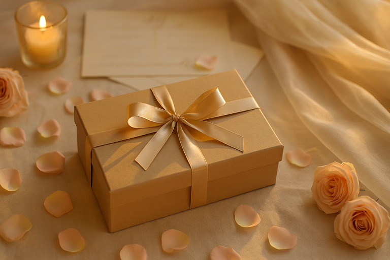 A table cluttered with traditional return gifts like candles, sweets, and silver coins, symbolizing the challenge of choosing unique wedding return gifts.