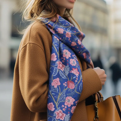 Royal Bloom Square Scarf-Indigo